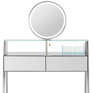 HomeRoots 34" Silver Mirrored Glass Vanity Table with LED Mirror, Lights, and Ample Storage for Glam Spaces 653855