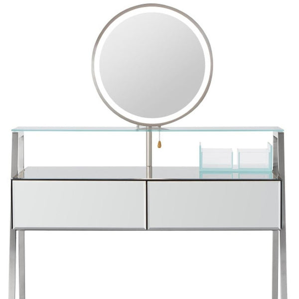 HomeRoots 34" Silver Mirrored Glass Vanity Table with LED Mirror, Lights, and Ample Storage for Glam Spaces 653855