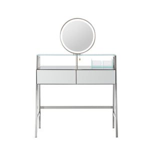 HomeRoots 34" Silver Mirrored Glass Vanity Table with LED Mirror, Lights, and Ample Storage for Glam Spaces 653855