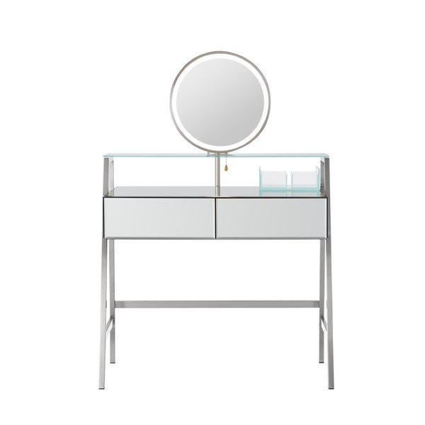HomeRoots 34" Silver Mirrored Glass Vanity Table with LED Mirror, Lights, and Ample Storage for Glam Spaces 653855