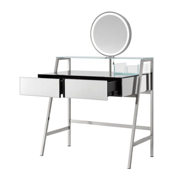 HomeRoots 34" Silver Mirrored Glass Vanity Table with LED Mirror, Lights, and Ample Storage for Glam Spaces 653855