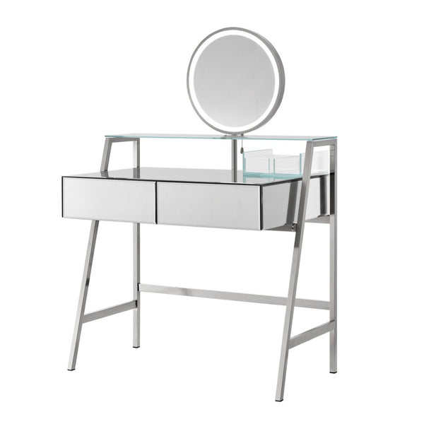 HomeRoots 34" Silver Mirrored Glass Vanity Table with LED Mirror, Lights, and Ample Storage for Glam Spaces 653855