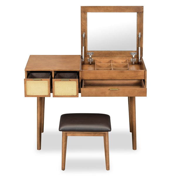 HomeRoots 48" Brown Wood Vanity Table Set with Lift-Up Mirror, 3 Drawers, and Stylish Seating for Any Space 653856