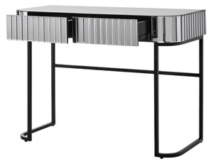 HomeRoots 39" Elegant Mirrored Vanity Table with Black Stainless Steel Frame & Two Drawers for Organized Glamour 653857