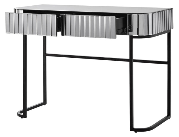 HomeRoots 39" Elegant Mirrored Vanity Table with Black Stainless Steel Frame & Two Drawers for Organized Glamour 653857