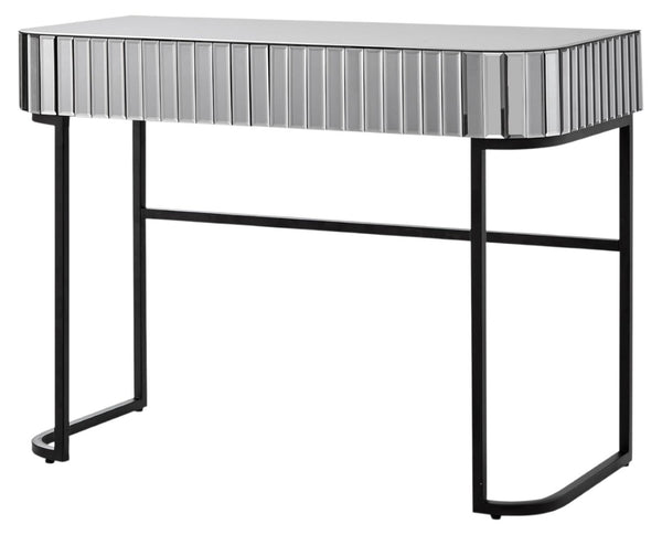 HomeRoots 39" Elegant Mirrored Vanity Table with Black Stainless Steel Frame & Two Drawers for Organized Glamour 653857
