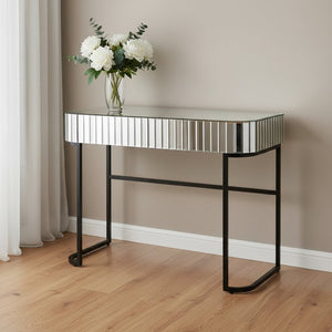 HomeRoots 39" Elegant Mirrored Vanity Table with Black Stainless Steel Frame & Two Drawers for Organized Glamour 653857