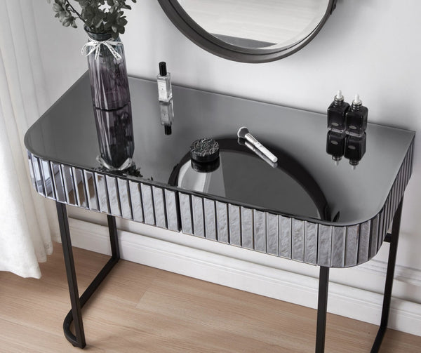 HomeRoots 39" Elegant Mirrored Vanity Table with Black Stainless Steel Frame & Two Drawers for Organized Glamour 653857