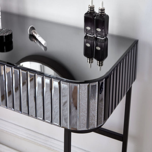 HomeRoots 39" Elegant Mirrored Vanity Table with Black Stainless Steel Frame & Two Drawers for Organized Glamour 653857