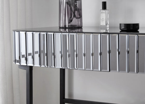 HomeRoots 39" Elegant Mirrored Vanity Table with Black Stainless Steel Frame & Two Drawers for Organized Glamour 653857