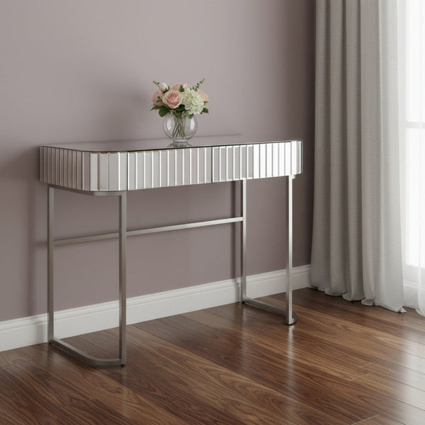 HomeRoots 39" Elegant Silver Mirrored Vanity Table with Two Drawers - Chic Storage Solutions for Any Space 653858