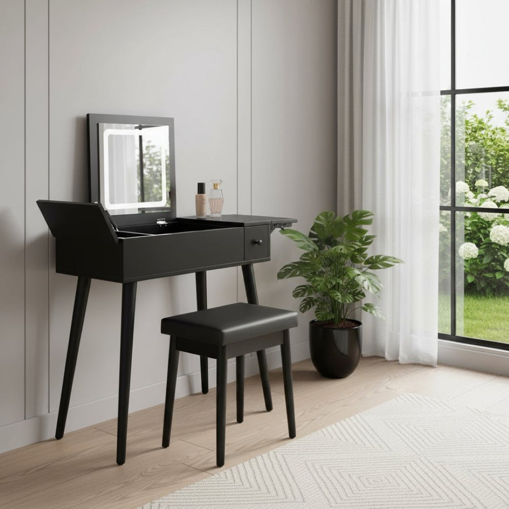HomeRoots 35" Black Wood Mirrored Vanity Table with USB, Storage Drawer & Chic Design for Modern Spaces 653859