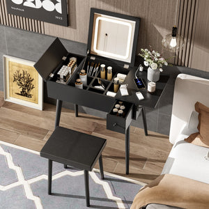 HomeRoots 35" Black Wood Mirrored Vanity Table with USB, Storage Drawer & Chic Design for Modern Spaces 653859