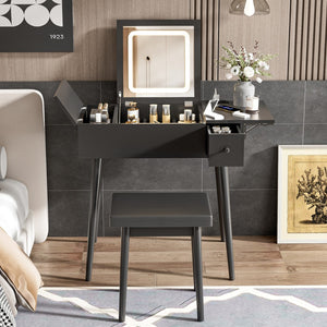 HomeRoots 35" Black Wood Mirrored Vanity Table with USB, Storage Drawer & Chic Design for Modern Spaces 653859