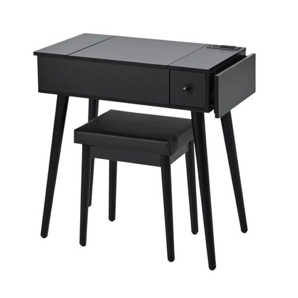 HomeRoots 35" Black Wood Mirrored Vanity Table with USB, Storage Drawer & Chic Design for Modern Spaces 653859