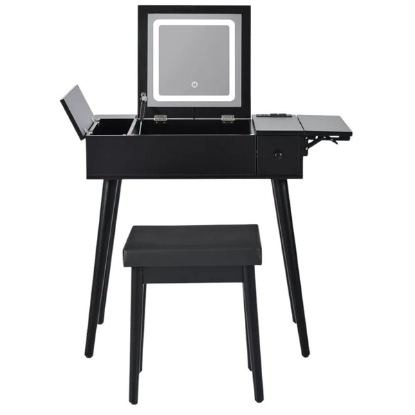 HomeRoots 35" Black Wood Mirrored Vanity Table with USB, Storage Drawer & Chic Design for Modern Spaces 653859