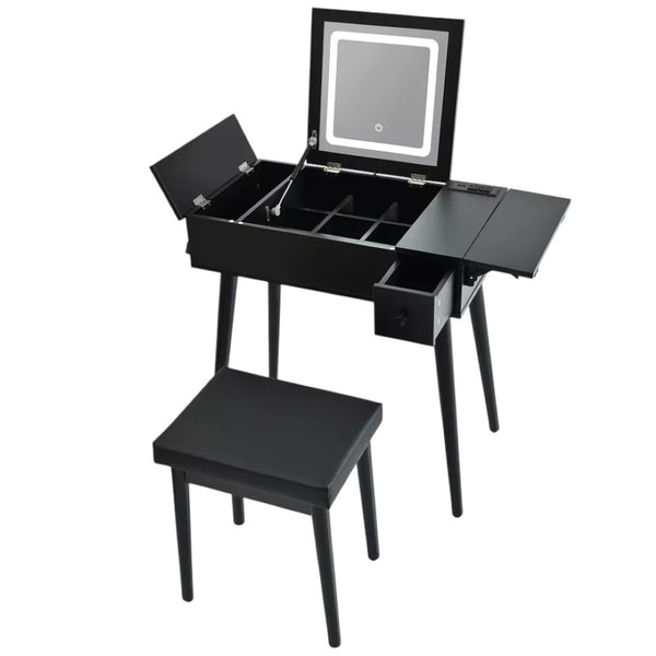 HomeRoots 35" Black Wood Mirrored Vanity Table with USB, Storage Drawer & Chic Design for Modern Spaces 653859