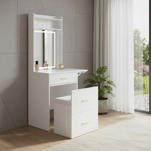 HomeRoots 37" White Wood Mirrored Vanity Table - Elegant Storage, Integrated Power, and Stylish Velvet Seat Comfort 653860