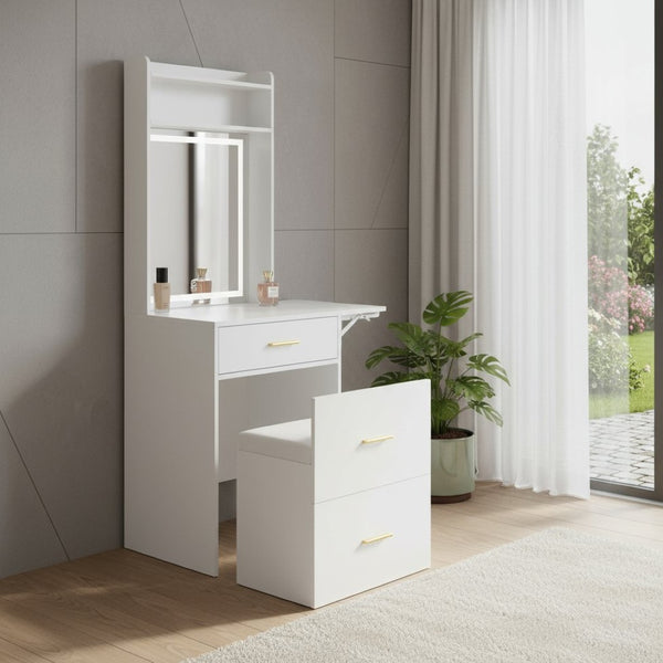HomeRoots 37" White Wood Mirrored Vanity Table - Elegant Storage, Integrated Power, and Stylish Velvet Seat Comfort 653860