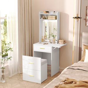 HomeRoots 37" White Wood Mirrored Vanity Table - Elegant Storage, Integrated Power, and Stylish Velvet Seat Comfort 653860