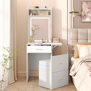 HomeRoots 37" White Wood Mirrored Vanity Table - Elegant Storage, Integrated Power, and Stylish Velvet Seat Comfort 653860
