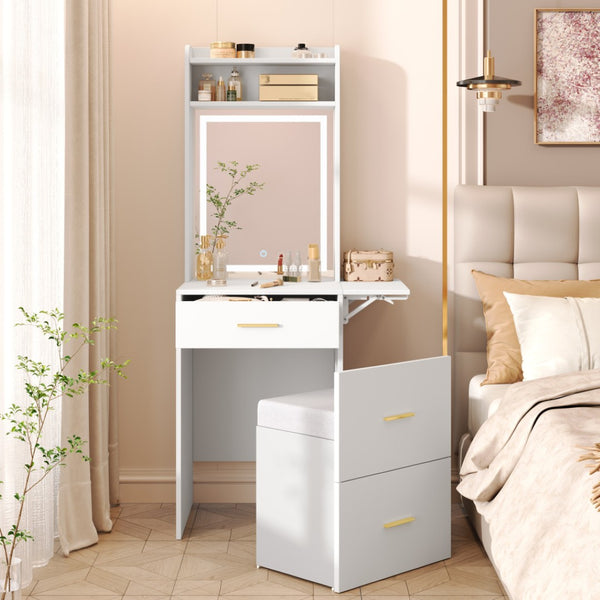 HomeRoots 37" White Wood Mirrored Vanity Table - Elegant Storage, Integrated Power, and Stylish Velvet Seat Comfort 653860