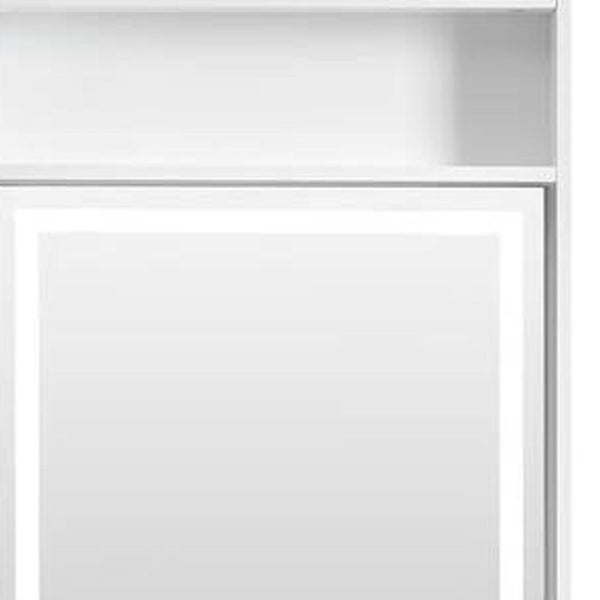 HomeRoots 37" White Wood Mirrored Vanity Table - Elegant Storage, Integrated Power, and Stylish Velvet Seat Comfort 653860