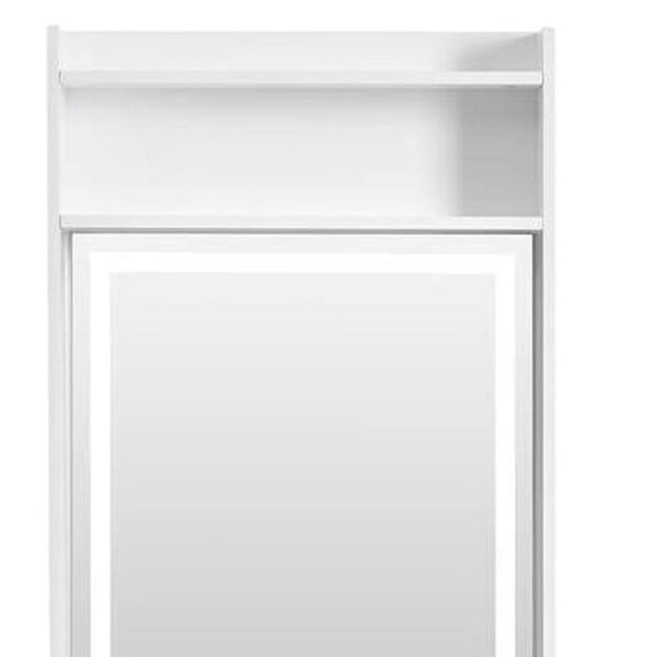 HomeRoots 37" White Wood Mirrored Vanity Table - Elegant Storage, Integrated Power, and Stylish Velvet Seat Comfort 653860