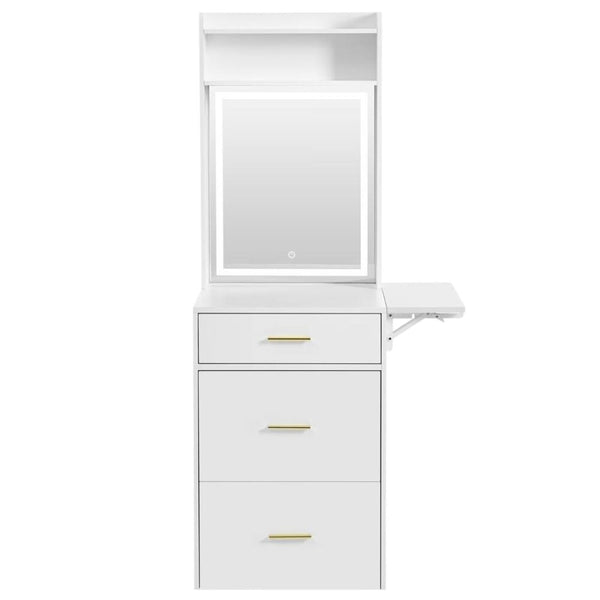 HomeRoots 37" White Wood Mirrored Vanity Table - Elegant Storage, Integrated Power, and Stylish Velvet Seat Comfort 653860