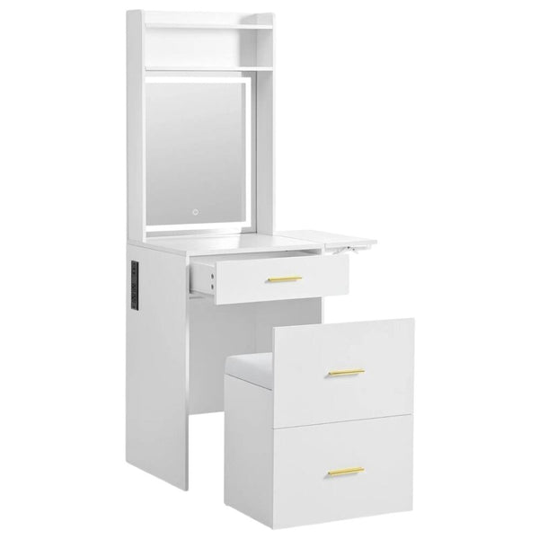 HomeRoots 37" White Wood Mirrored Vanity Table - Elegant Storage, Integrated Power, and Stylish Velvet Seat Comfort 653860