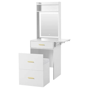 HomeRoots 37" White Wood Mirrored Vanity Table - Elegant Storage, Integrated Power, and Stylish Velvet Seat Comfort 653860