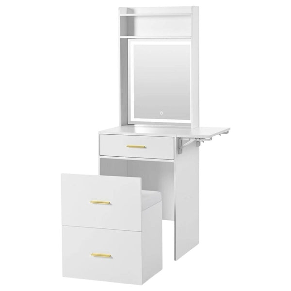 HomeRoots 37" White Wood Mirrored Vanity Table - Elegant Storage, Integrated Power, and Stylish Velvet Seat Comfort 653860