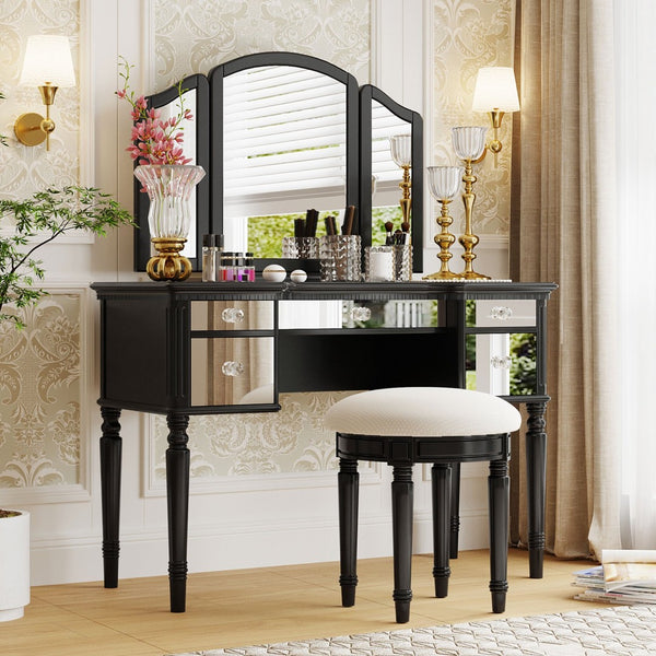 HomeRoots 46" Black Wood Mirrored Vanity Table with 5 Drawers, Chic Upholstered Seat & Elegant Storage Solutions 653861