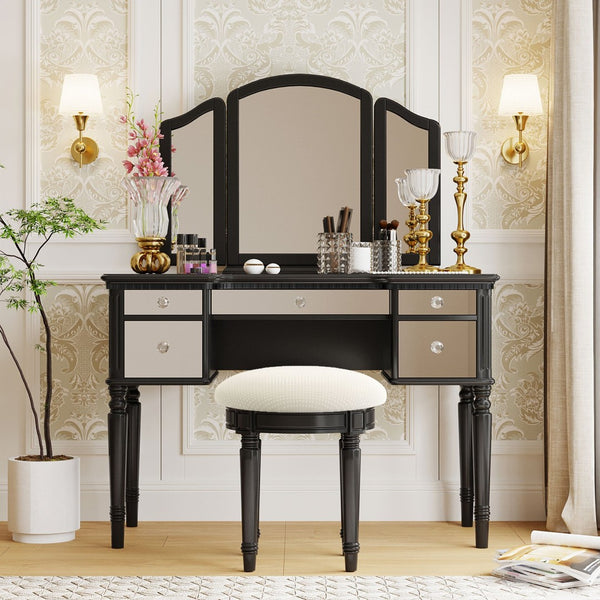 HomeRoots 46" Black Wood Mirrored Vanity Table with 5 Drawers, Chic Upholstered Seat & Elegant Storage Solutions 653861