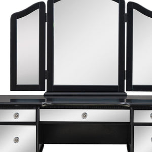 HomeRoots 46" Black Wood Mirrored Vanity Table with 5 Drawers, Chic Upholstered Seat & Elegant Storage Solutions 653861