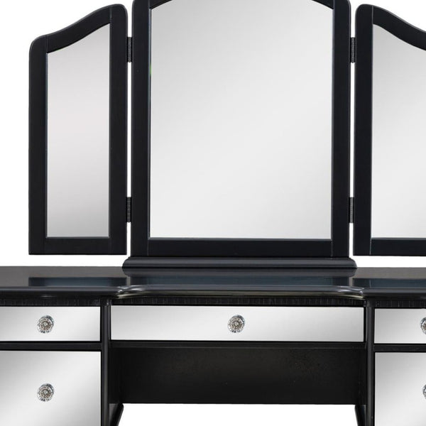 HomeRoots 46" Black Wood Mirrored Vanity Table with 5 Drawers, Chic Upholstered Seat & Elegant Storage Solutions 653861