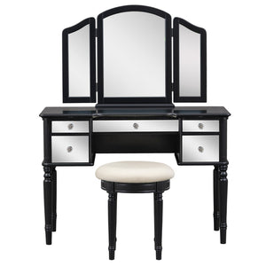 HomeRoots 46" Black Wood Mirrored Vanity Table with 5 Drawers, Chic Upholstered Seat & Elegant Storage Solutions 653861