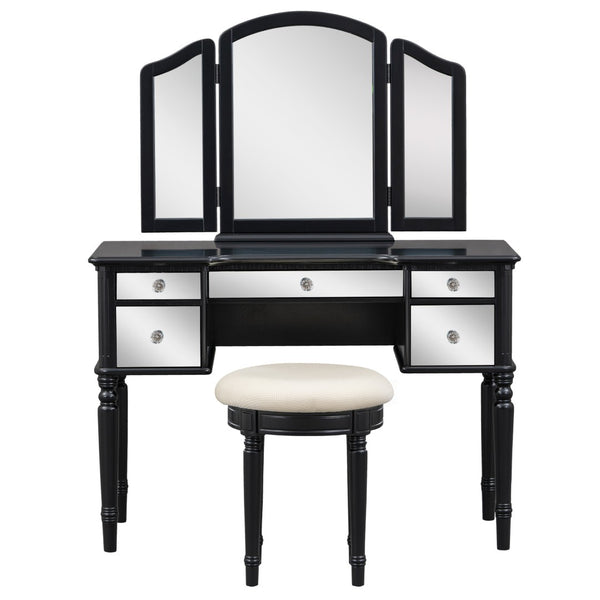 HomeRoots 46" Black Wood Mirrored Vanity Table with 5 Drawers, Chic Upholstered Seat & Elegant Storage Solutions 653861