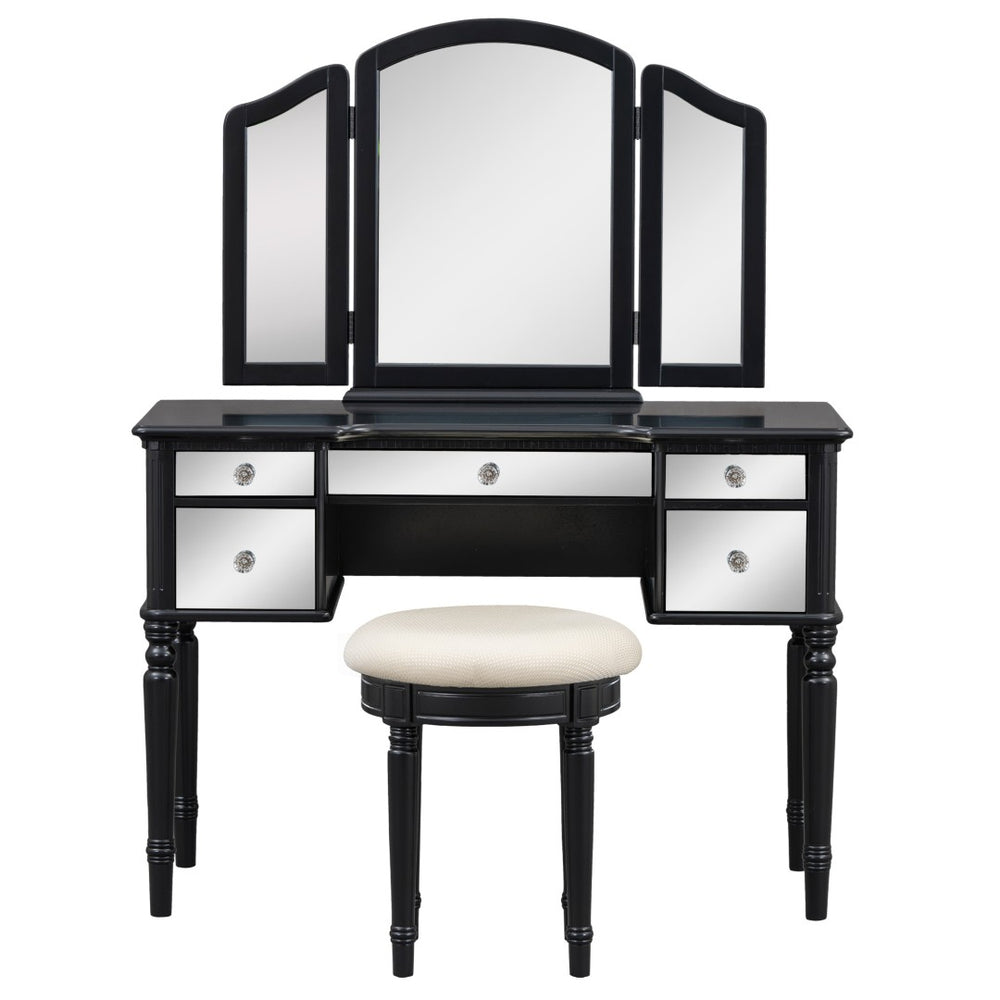 HomeRoots 46" Black Wood Mirrored Vanity Table with 5 Drawers, Chic Upholstered Seat & Elegant Storage Solutions 653861