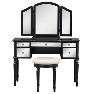 HomeRoots 46" Black Wood Mirrored Vanity Table with 5 Drawers, Chic Upholstered Seat & Elegant Storage Solutions 653861