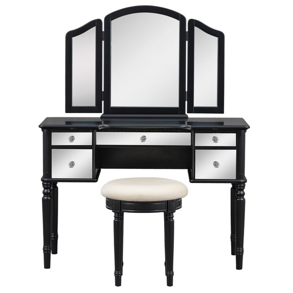 HomeRoots 46" Black Wood Mirrored Vanity Table with 5 Drawers, Chic Upholstered Seat & Elegant Storage Solutions 653861