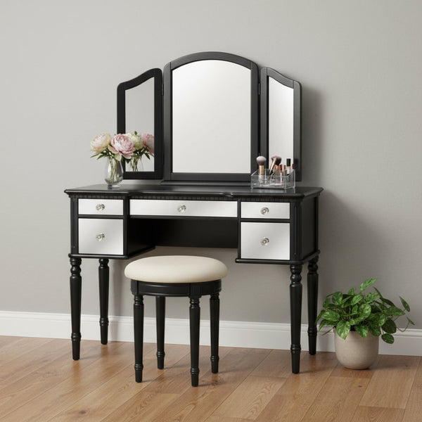 HomeRoots 46" Black Wood Mirrored Vanity Table with 5 Drawers, Chic Upholstered Seat & Elegant Storage Solutions 653861