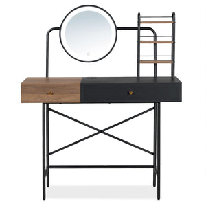 HomeRoots 33" Walnut and Black Mirrored Vanity Table with Integrated Lights for Glamorous Makeup Prep & Storage 653863