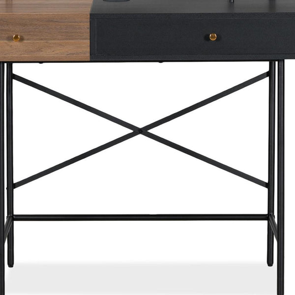 HomeRoots 33" Walnut and Black Mirrored Vanity Table with Integrated Lights for Glamorous Makeup Prep & Storage 653863