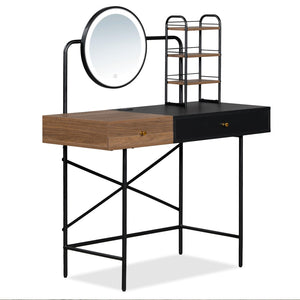 HomeRoots 33" Walnut and Black Mirrored Vanity Table with Integrated Lights for Glamorous Makeup Prep & Storage 653863
