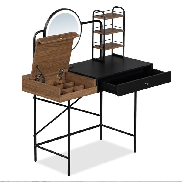 HomeRoots 33" Walnut and Black Mirrored Vanity Table with Integrated Lights for Glamorous Makeup Prep & Storage 653863