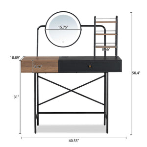 HomeRoots 33" Walnut and Black Mirrored Vanity Table with Integrated Lights for Glamorous Makeup Prep & Storage 653863
