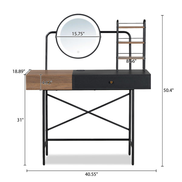 HomeRoots 33" Walnut and Black Mirrored Vanity Table with Integrated Lights for Glamorous Makeup Prep & Storage 653863