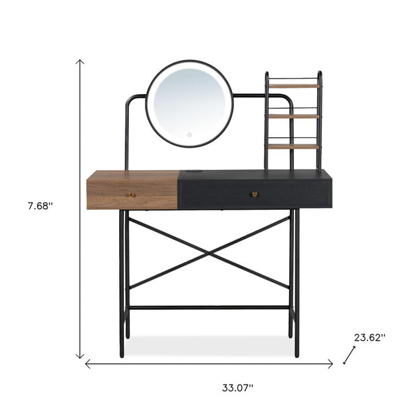 HomeRoots 33" Walnut and Black Mirrored Vanity Table with Integrated Lights for Glamorous Makeup Prep & Storage 653863