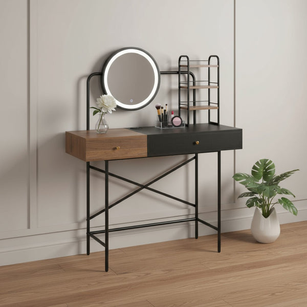 HomeRoots 33" Walnut and Black Mirrored Vanity Table with Integrated Lights for Glamorous Makeup Prep & Storage 653863
